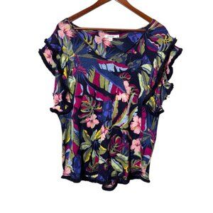 Chico’s 100% Linen Floral Short Sleeve Fringe Detail Vneck top Size XL